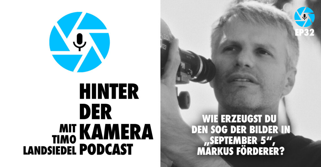 Neben dem Logo des Hinter der Kamera Podcasts, eine hellblaue, stilisierte Kamerablende mit sechs Lamellen in deren Zentrum ein Mikrofon-Piktogramm prangt, sehen wir das schwarz-weiße Porträt von DoP Markus Förderer, konzentriert indie Ferne blickend, das Okular einer Panavision-Kamera rechts von seinemm Gesicht. Darunter der Titel dieser Episode 32: Wie erzeugst Du den Sog der Bilder in "September 5", Markus Förderer?
Foto: privat